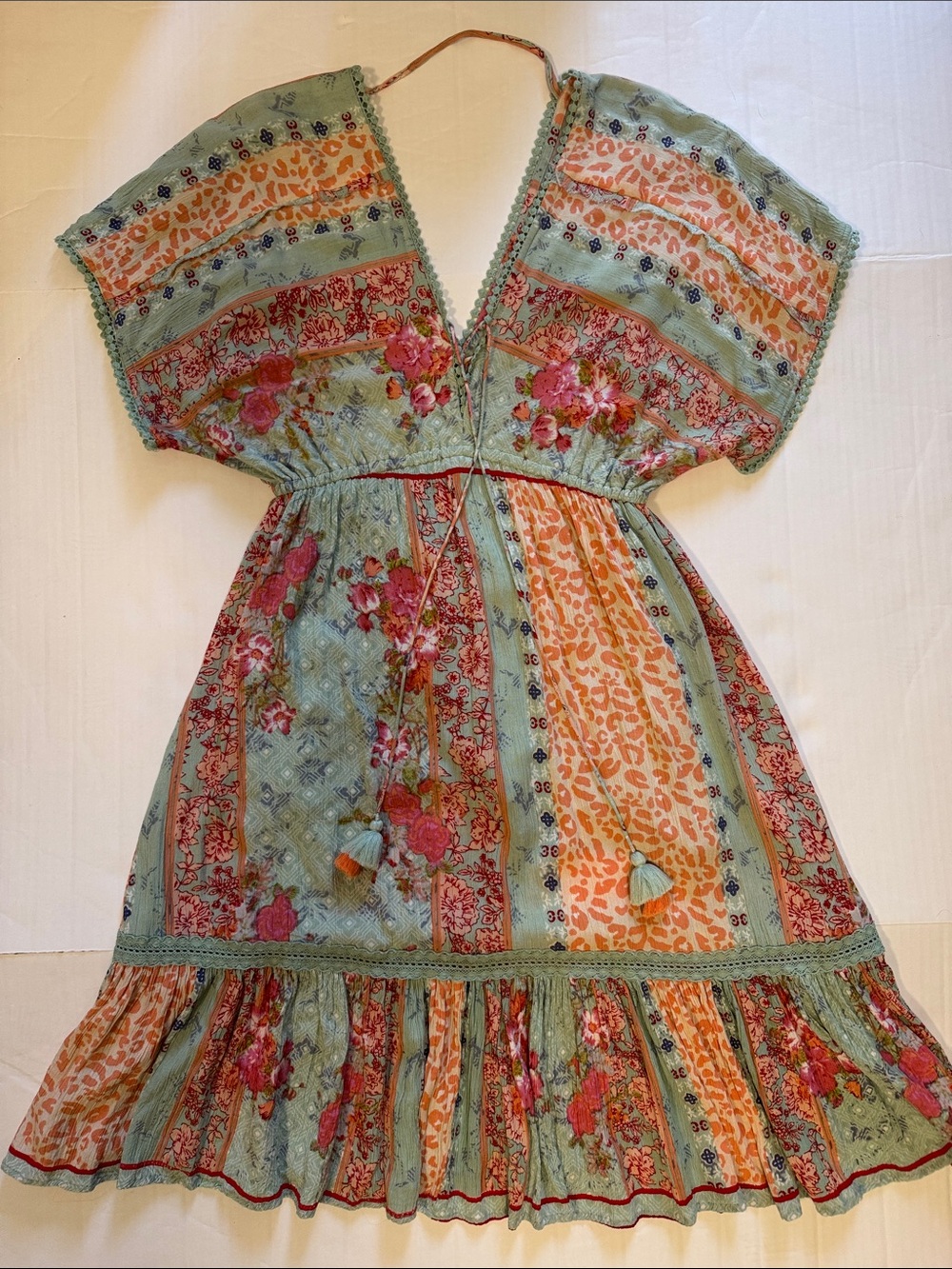 Floral Patchwork Maxi Dress in Sage Green and Coral
